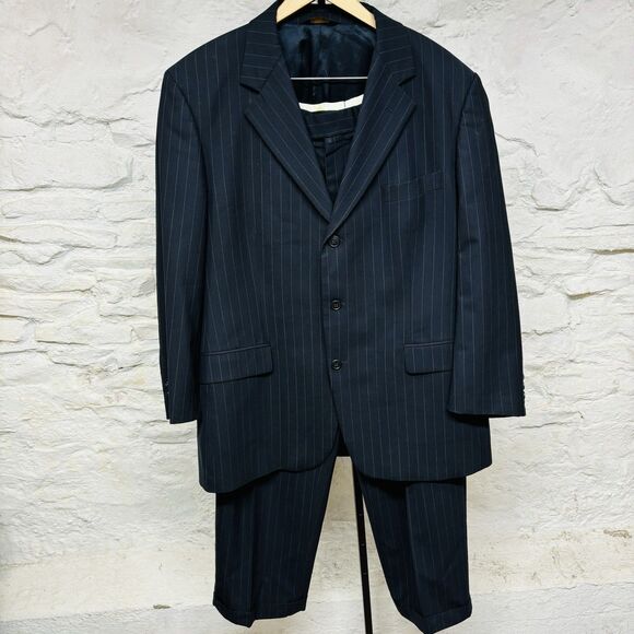 Brooks Brothers Brooksease 44R Wool Two Piece Suit Navy Pin Stripe 34x30 Vintage - Picture 1 of 16
